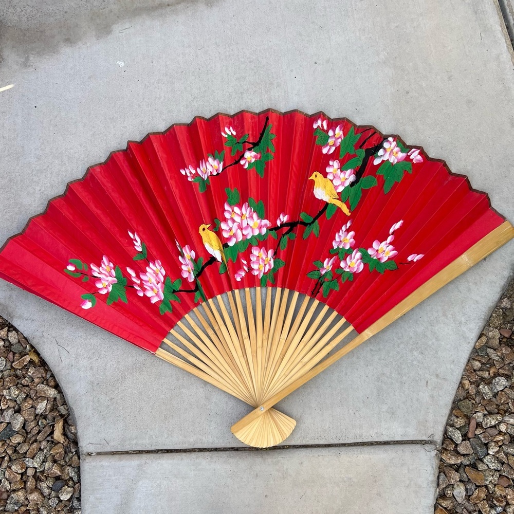 Vintage Hand Painted Asian Paper Fan Red Chinoiserie Floral Birds XL Wall Decor